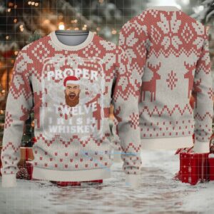 Beige and Red Reindeer Snowflake Pattern “Proper Twelve Irish Whiskey” Ugly Christmas Sweater