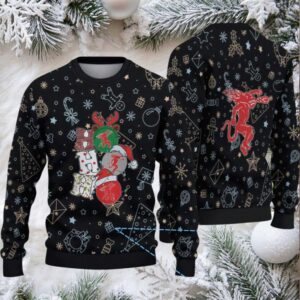 Black Christmas Pattern “Stacked Fireball Bottles & Holiday Icons” Ugly Sweater – Fireball Cinnamon Whisky Edition