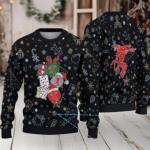 Black Christmas Pattern “Stacked Fireball Bottles & Holiday Icons” Ugly Sweater – Fireball Cinnamon Whisky Edition