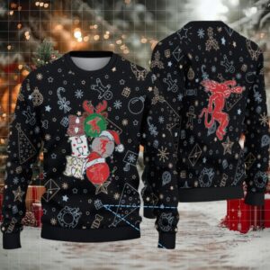 Black Christmas Pattern “Stacked Fireball Bottles & Holiday Icons” Ugly Sweater – Fireball Cinnamon Whisky Edition
