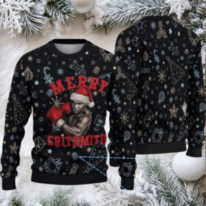 Black Doodle Christmas Icon Ugly Christmas Sweater Mike Tyson in Santa Hat with Boxing Gloves