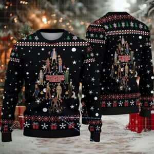 Black Fair Isle Snowflake Ugly Christmas Sweater Stranger Things Cast Christmas Tree Pattern