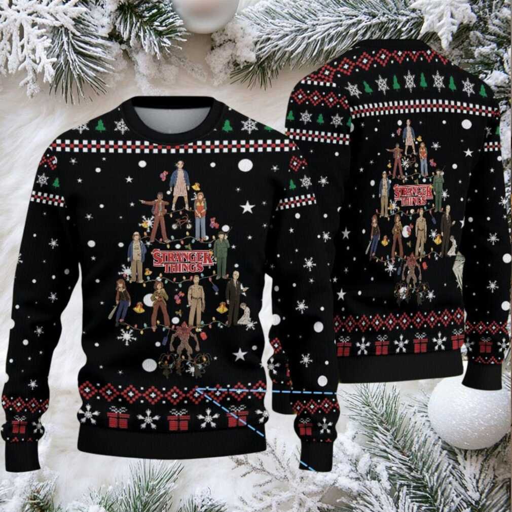 Black Fair Isle Snowflake Ugly Christmas Sweater Stranger Things Cast Christmas Tree Pattern