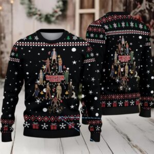 Black Fair Isle Snowflake Ugly Christmas Sweater Stranger Things Cast Christmas Tree Pattern