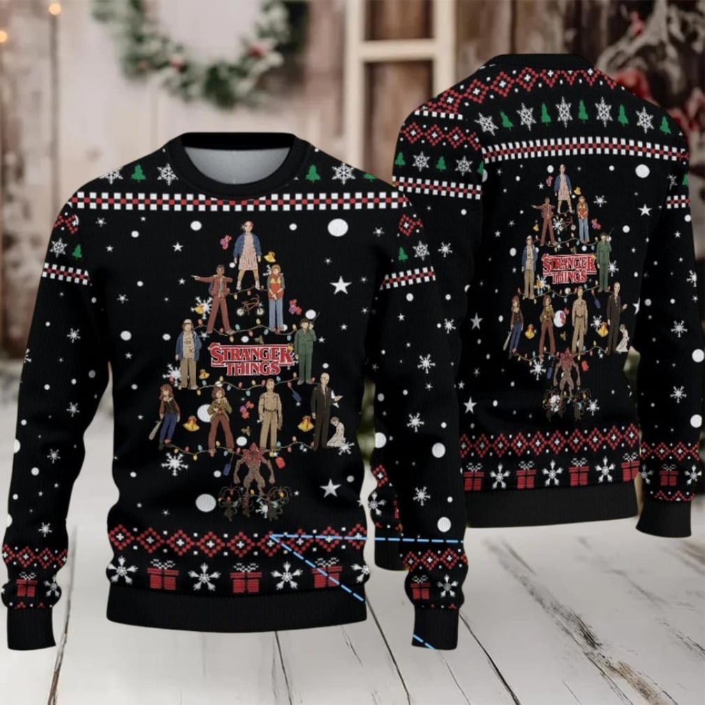 Black Fair Isle Snowflake Ugly Christmas Sweater Stranger Things Cast Christmas Tree Pattern Black Fair Isle Snowflake Ugly Christmas Sweater Stranger Things Cast Christmas Tree Pattern
