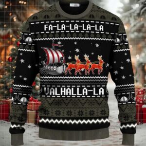 Black Falalalala Valhallala Viking Ships Viking Ugly Christmas Sweater
