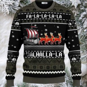Black Falalalala Valhallala Viking Ships Viking Ugly Christmas Sweater