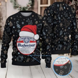 Black Gold Christmas Ornament Pattern Budweiser Santa Hat “King of Beers” Ugly Christmas Sweater