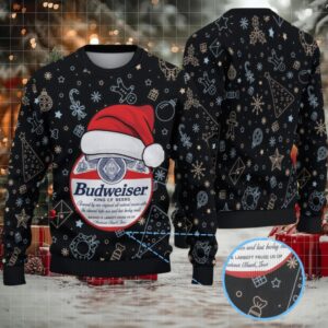 Black Gold Christmas Ornament Pattern Budweiser Santa Hat “King of Beers” Ugly Christmas Sweater