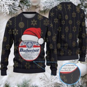 Black Gold Snowflake Pattern Budweiser Santa Hat “King of Beers” Ugly Christmas Sweater