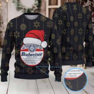 Black Gold Snowflake Pattern Budweiser Santa Hat “King of Beers” Ugly Christmas Sweater