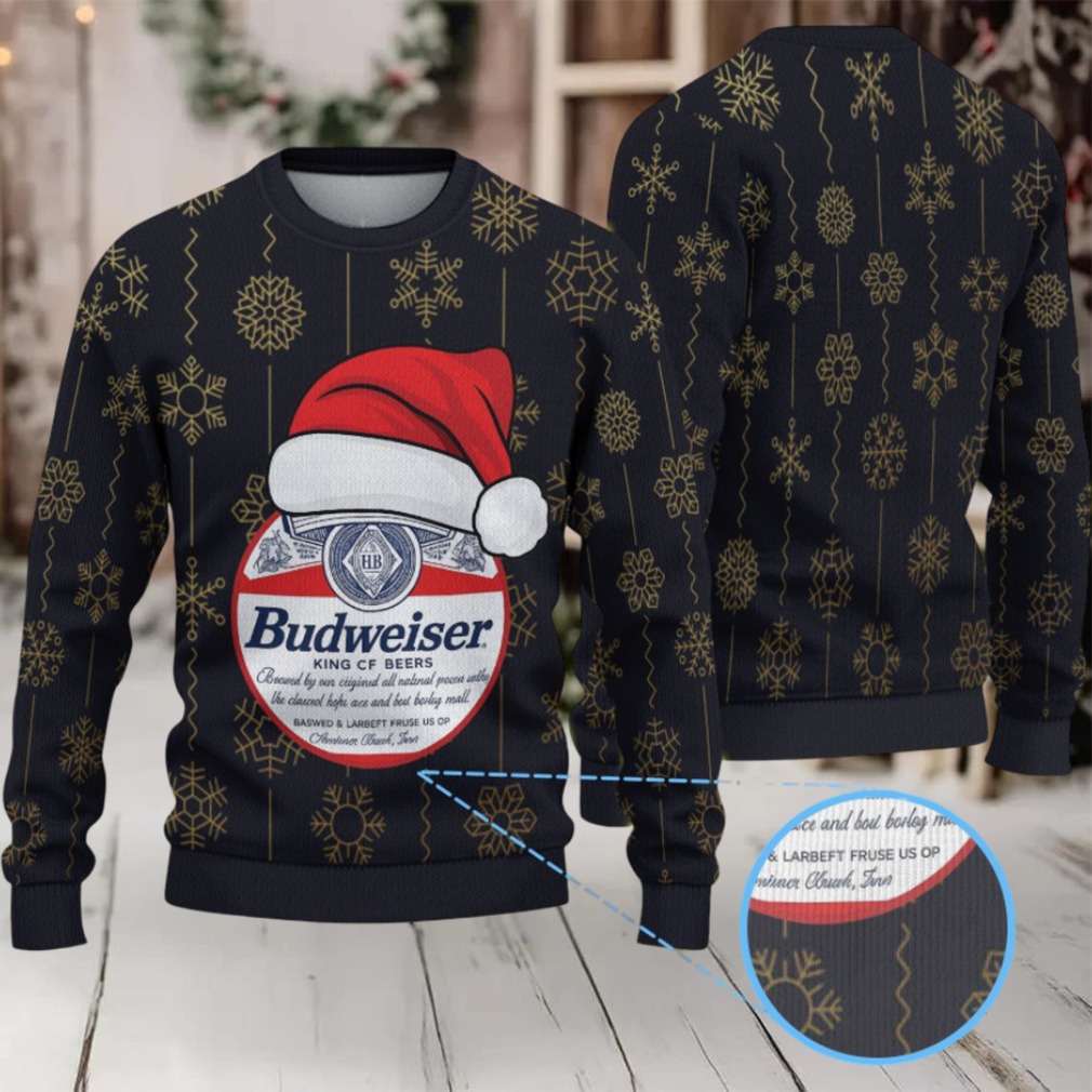 Black Gold Snowflake Pattern Budweiser Santa Hat “King of Beers” Ugly Christmas Sweater