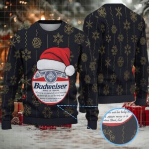 Black Gold Snowflake Pattern Budweiser Santa Hat “King of Beers” Ugly Christmas Sweater
