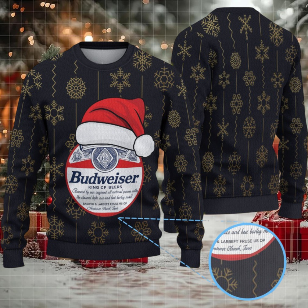 Black Gold Snowflake Pattern Budweiser Santa Hat “King of Beers” Ugly Christmas Sweater Black Gold Snowflake Pattern Budweiser Santa Hat “King of Beers” Ugly Christmas Sweater