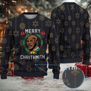 Black Gold Snowflake Ugly Christmas Sweater Mike Tyson Wreath and Boxing Gloves Pattern