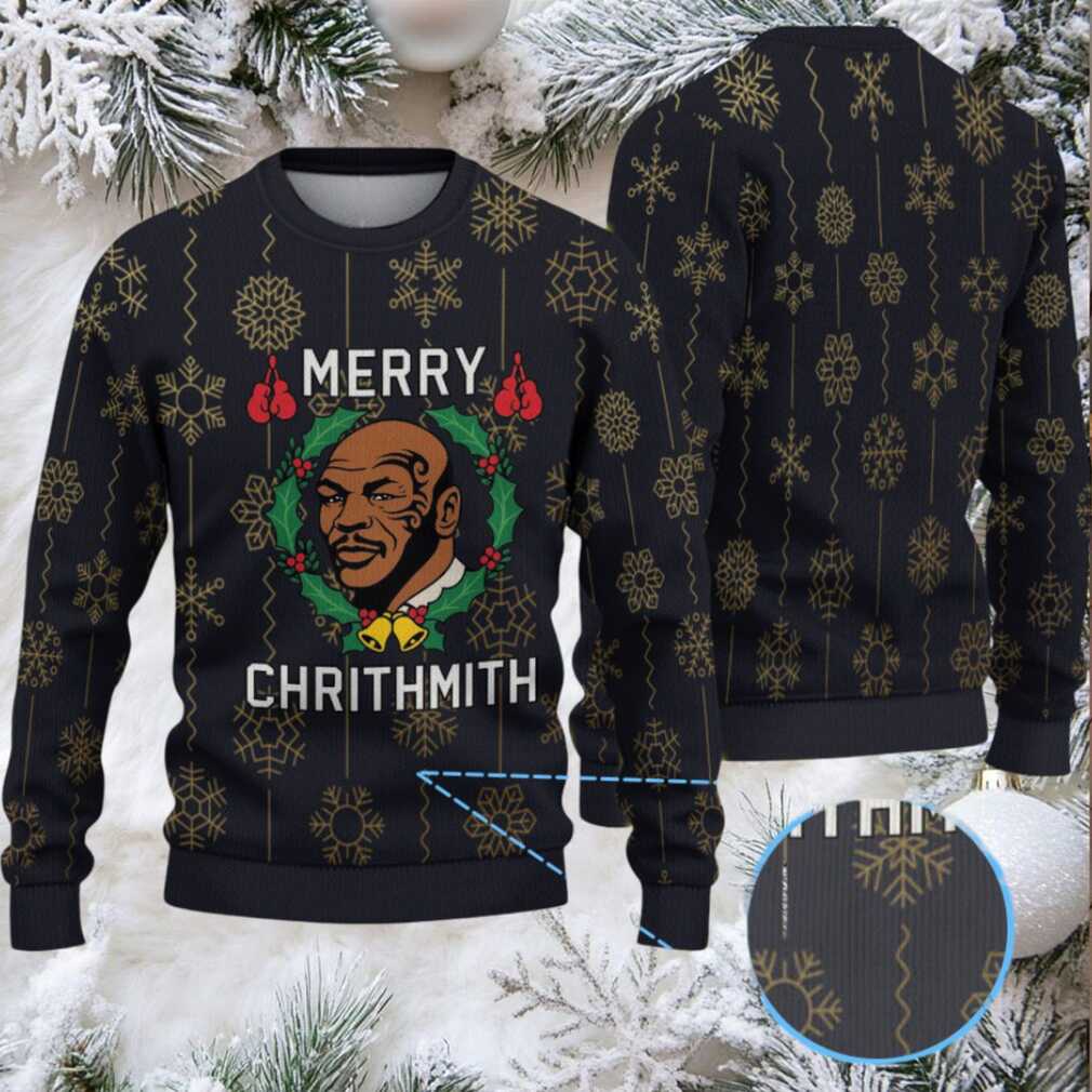 Black Gold Snowflake Ugly Christmas Sweater Mike Tyson Wreath and Boxing Gloves Pattern