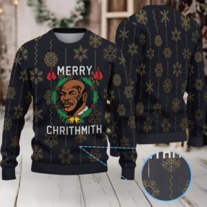 Black Gold Snowflake Ugly Christmas Sweater Mike Tyson Wreath and Boxing Gloves Pattern