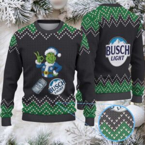Black & Green Zigzag Knit “Busch Light Grinch Santa” Ugly Christmas Sweater