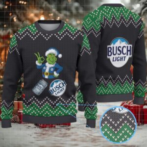Black & Green Zigzag Knit “Busch Light Grinch Santa” Ugly Christmas Sweater