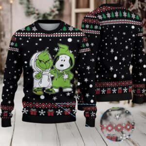 Black Red and Green Snowflake Grinch x Snoopy Tito’s Handmade Vodka Ugly Christmas Sweater