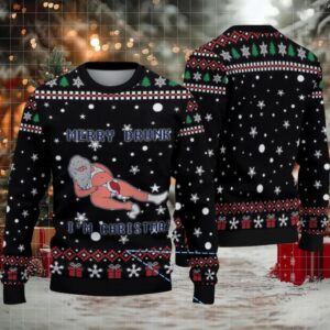 Black Red and Green Snowflake Merry Drunk Santa Miller Lite Ugly Christmas Sweater
