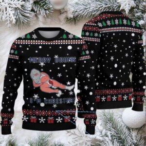 Black Red and Green Snowflake Merry Drunk Santa Miller Lite Ugly Christmas Sweater