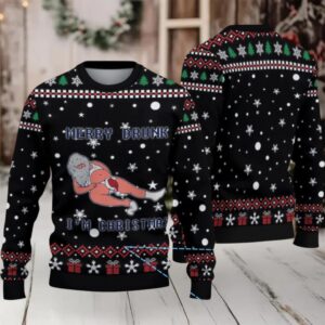 Black Red and Green Snowflake Merry Drunk Santa Miller Lite Ugly Christmas Sweater