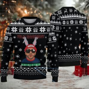Black Snowflake Fair Isle Ugly Christmas Sweater Bad Bunny with Bunny Ears Feliz Navifunny