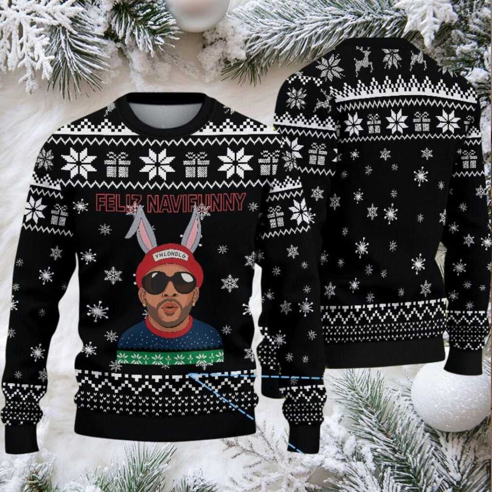 Black Snowflake Fair Isle Ugly Christmas Sweater Bad Bunny with Bunny Ears Feliz Navifunny Black Snowflake Fair Isle Ugly Christmas Sweater Bad Bunny with Bunny Ears Feliz Navifunny