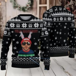 Black Snowflake Fair Isle Ugly Christmas Sweater Bad Bunny with Bunny Ears Feliz Navifunny