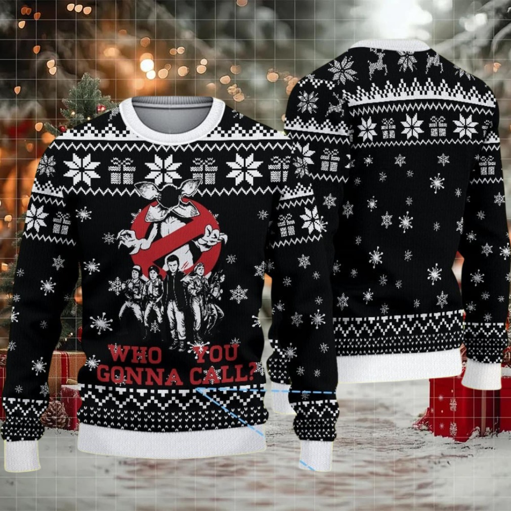Black Snowflake Fair Isle Ugly Christmas Sweater Stranger Things Ghostbusters Mashup with Demogorgon and Who You Gonna Call Text