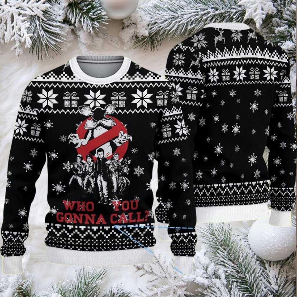 Black Snowflake Fair Isle Ugly Christmas Sweater Stranger Things Ghostbusters Mashup with Demogorgon and Who You Gonna Call Text