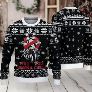 Black Snowflake Fair Isle Ugly Christmas Sweater Stranger Things Ghostbusters Mashup with Demogorgon and Who You Gonna Call Text