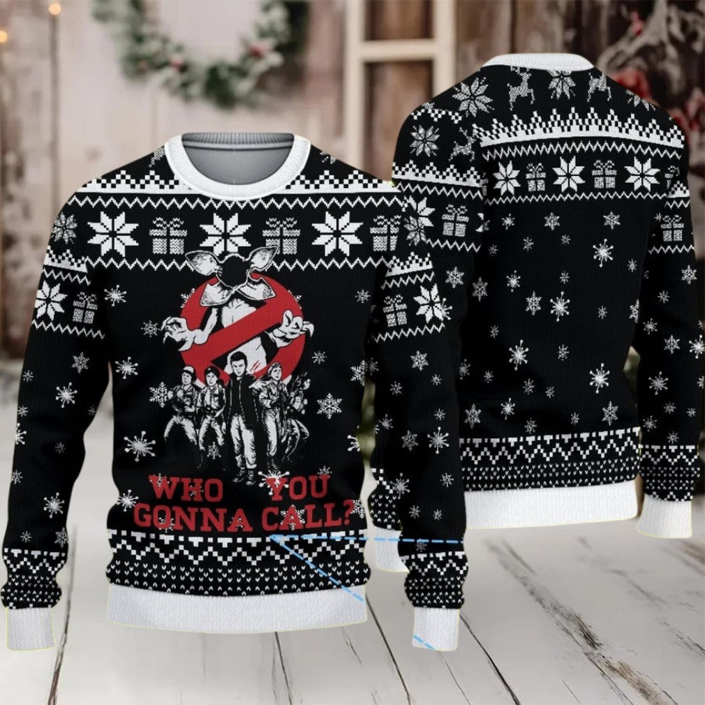 Black Snowflake Fair Isle Ugly Christmas Sweater Stranger Things Ghostbusters Mashup with Demogorgon and Who You Gonna Call Text Black Snowflake Fair Isle Ugly Christmas Sweater Stranger Things Ghostbusters Mashup with Demogorgon and Who You Gonna Call Text