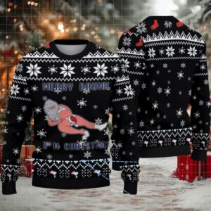 Black Snowflake Merry Drunk Santa Miller Lite Ugly Christmas Sweater