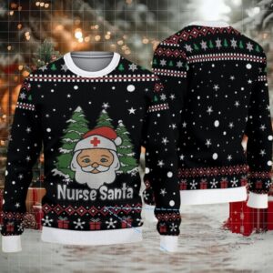 Black Ugly Christmas Sweater with Red and White Snowflake and Gift Pattern Featuring Nurse Santa