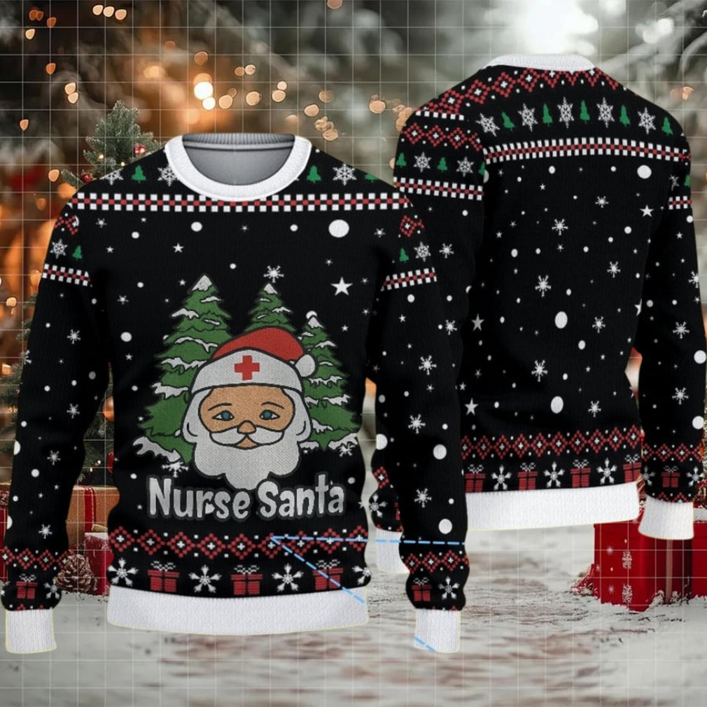 Black Ugly Christmas Sweater with Red and White Snowflake and Gift Pattern Featuring Nurse Santa Black Ugly Christmas Sweater with Red and White Snowflake and Gift Pattern Featuring Nurse Santa