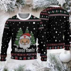 Black Ugly Christmas Sweater with Red and White Snowflake and Gift Pattern Featuring Nurse Santa
