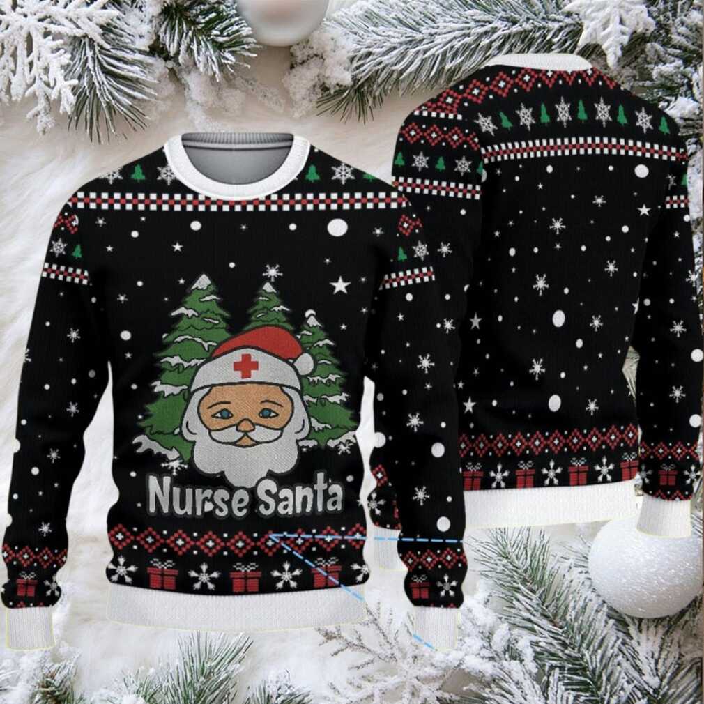 Black Ugly Christmas Sweater with Red and White Snowflake and Gift Pattern Featuring Nurse Santa Black Ugly Christmas Sweater with Red and White Snowflake and Gift Pattern Featuring Nurse Santa
