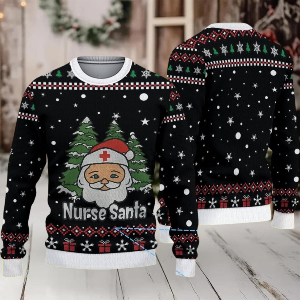 Black Ugly Christmas Sweater with Red and White Snowflake and Gift Pattern Featuring Nurse Santa Black Ugly Christmas Sweater with Red and White Snowflake and Gift Pattern Featuring Nurse Santa