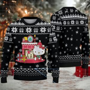 Black Ugly Christmas Sweater with Snowflake and Gift Pattern Featuring Hello Kitty by the Fireplace