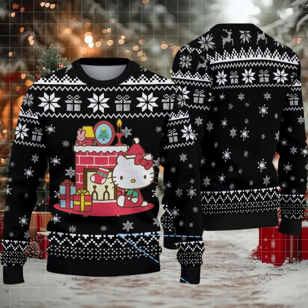 Black Ugly Christmas Sweater with Snowflake and Gift Pattern Featuring Hello Kitty by the Fireplace Black Ugly Christmas Sweater with Snowflake and Gift Pattern Featuring Hello Kitty by the Fireplace