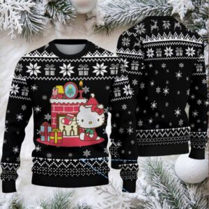 Black Ugly Christmas Sweater with Snowflake and Gift Pattern Featuring Hello Kitty by the Fireplace