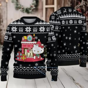 Black Ugly Christmas Sweater with Snowflake and Gift Pattern Featuring Hello Kitty by the Fireplace