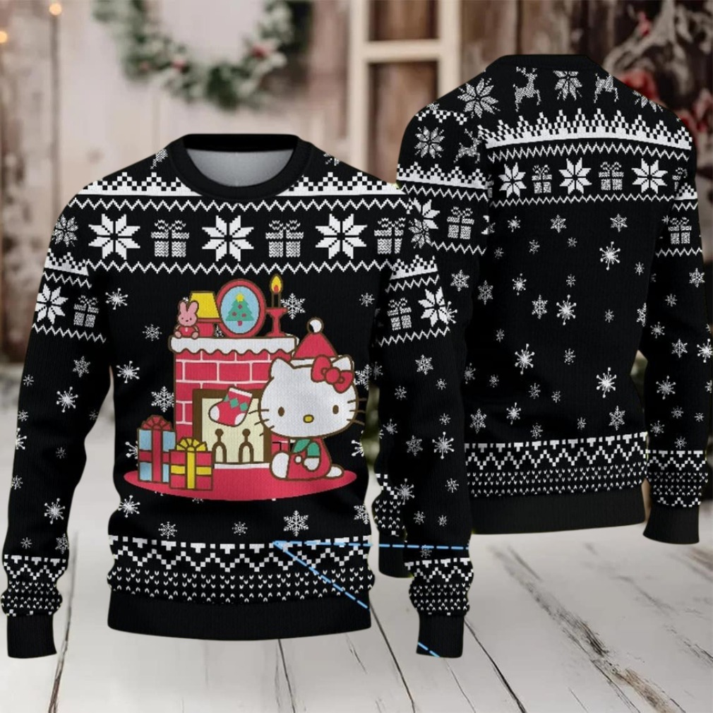 Black Ugly Christmas Sweater with Snowflake and Gift Pattern Featuring Hello Kitty by the Fireplace Black Ugly Christmas Sweater with Snowflake and Gift Pattern Featuring Hello Kitty by the Fireplace