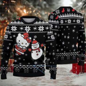 Black Ugly Christmas Sweater with White Snowflake Pattern Featuring Hello Kitty and Snowman