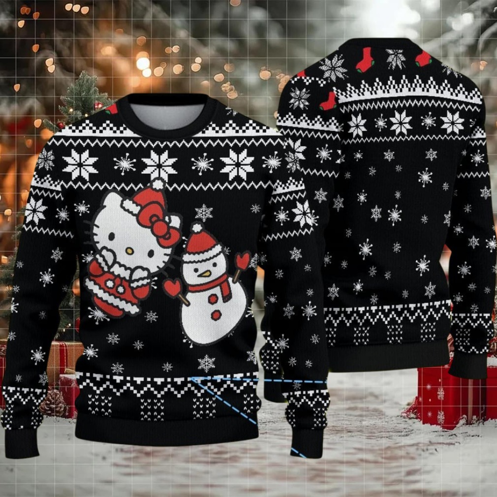 Black Ugly Christmas Sweater with White Snowflake Pattern Featuring Hello Kitty and Snowman Black Ugly Christmas Sweater with White Snowflake Pattern Featuring Hello Kitty and Snowman