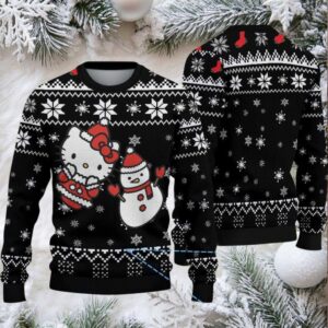 Black Ugly Christmas Sweater with White Snowflake Pattern Featuring Hello Kitty and Snowman