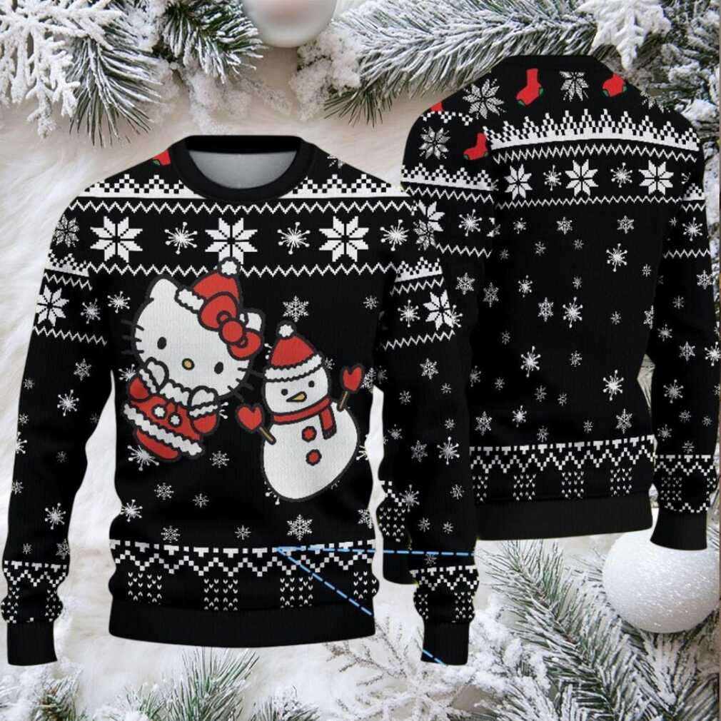 Black Ugly Christmas Sweater with White Snowflake Pattern Featuring Hello Kitty and Snowman Black Ugly Christmas Sweater with White Snowflake Pattern Featuring Hello Kitty and Snowman