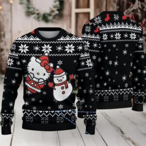 Black Ugly Christmas Sweater with White Snowflake Pattern Featuring Hello Kitty and Snowman